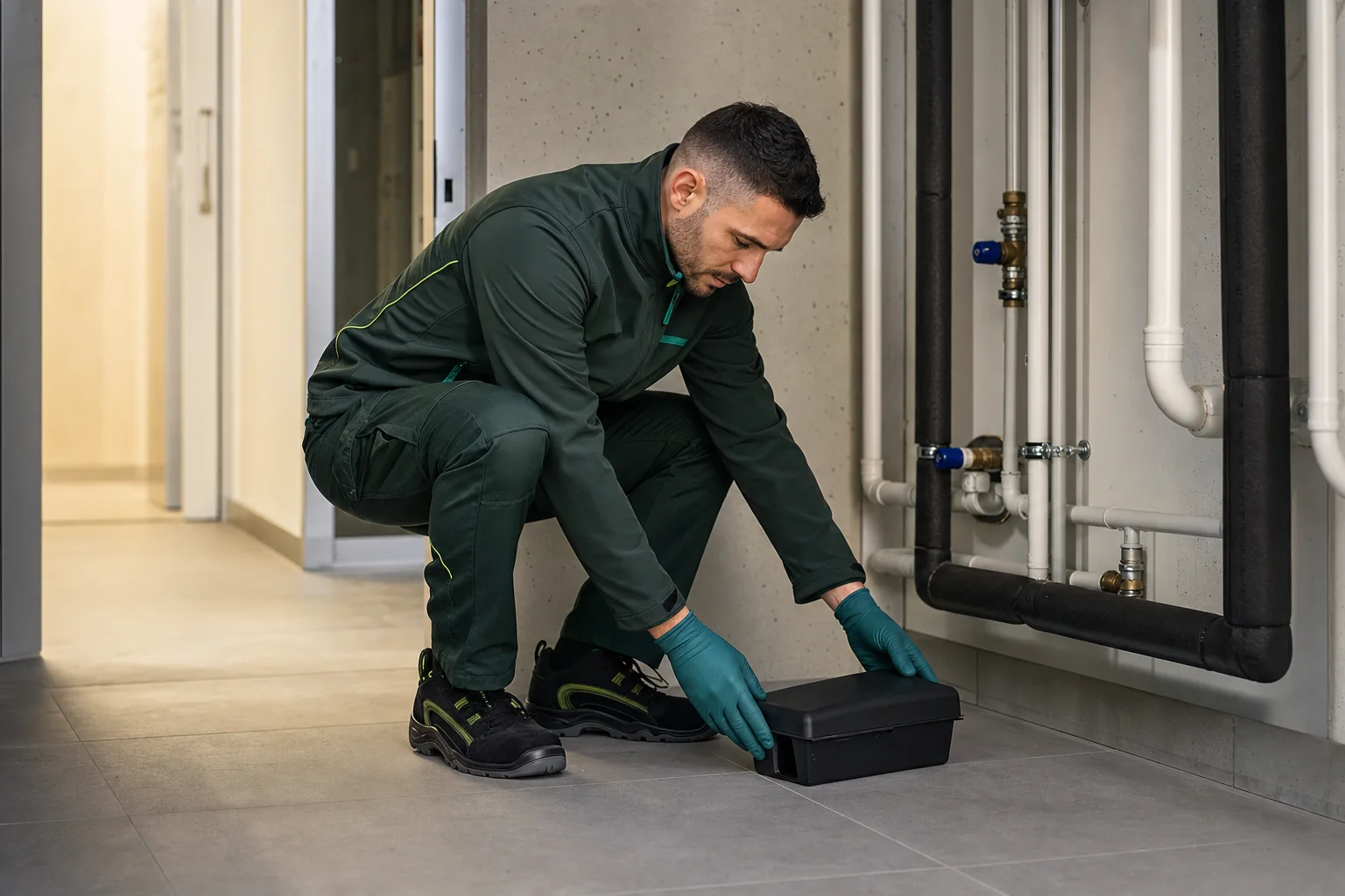 Tecnico durante un’ispezione e il posizionamento di una stazione di monitoraggio