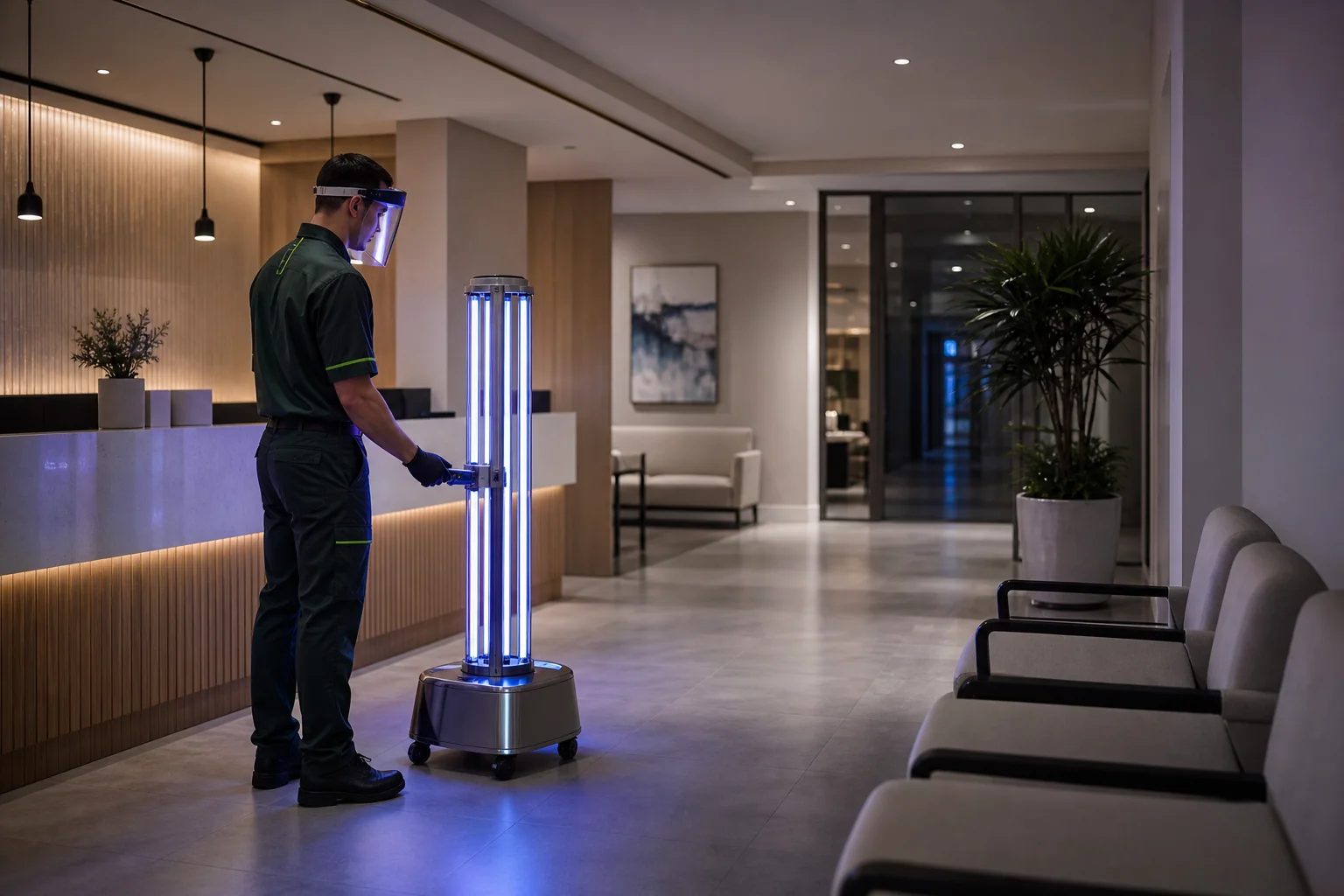 Tecnico durante una sanificazione UV-C controllata in uno spazio professionale